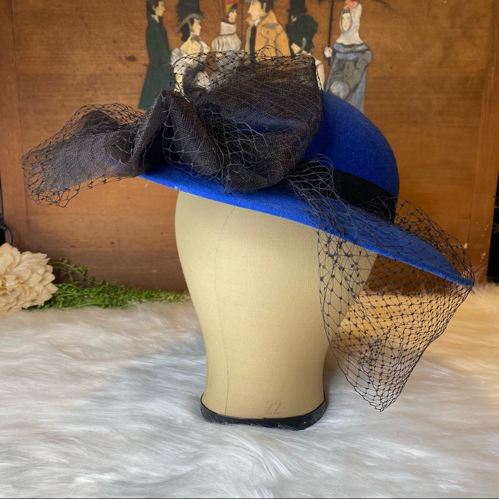 Royal Blue Women's Felt Hat with Black Veil